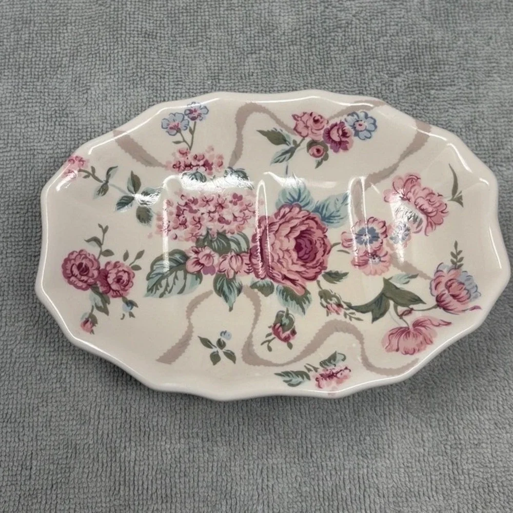 Vtg Floral Ceramic Bathroom Set Soap Dish Toothbrush Holder Japan Pink Rose